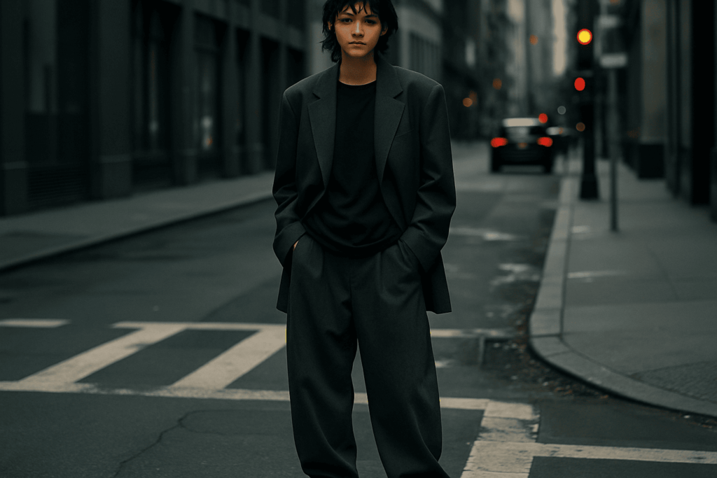 "Model wearing oversized streetwear outfit with relaxed blazer and baggy pants – fashion trend 2025"

