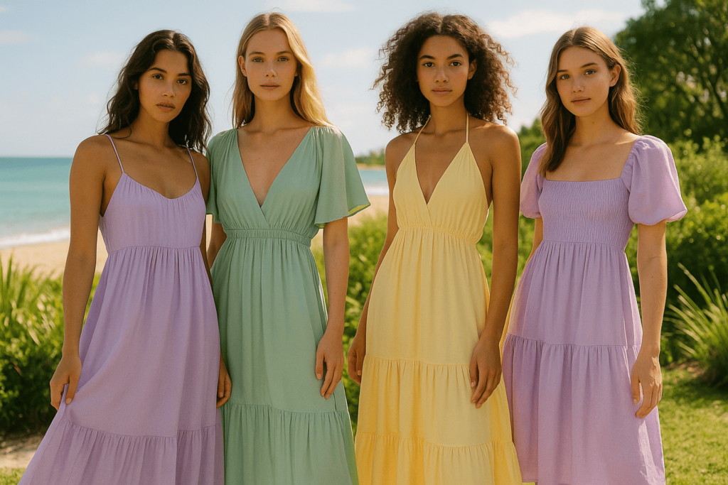 Summer 2025 fashion outfit in pastel tones like lavender, mint, and butter yellow

