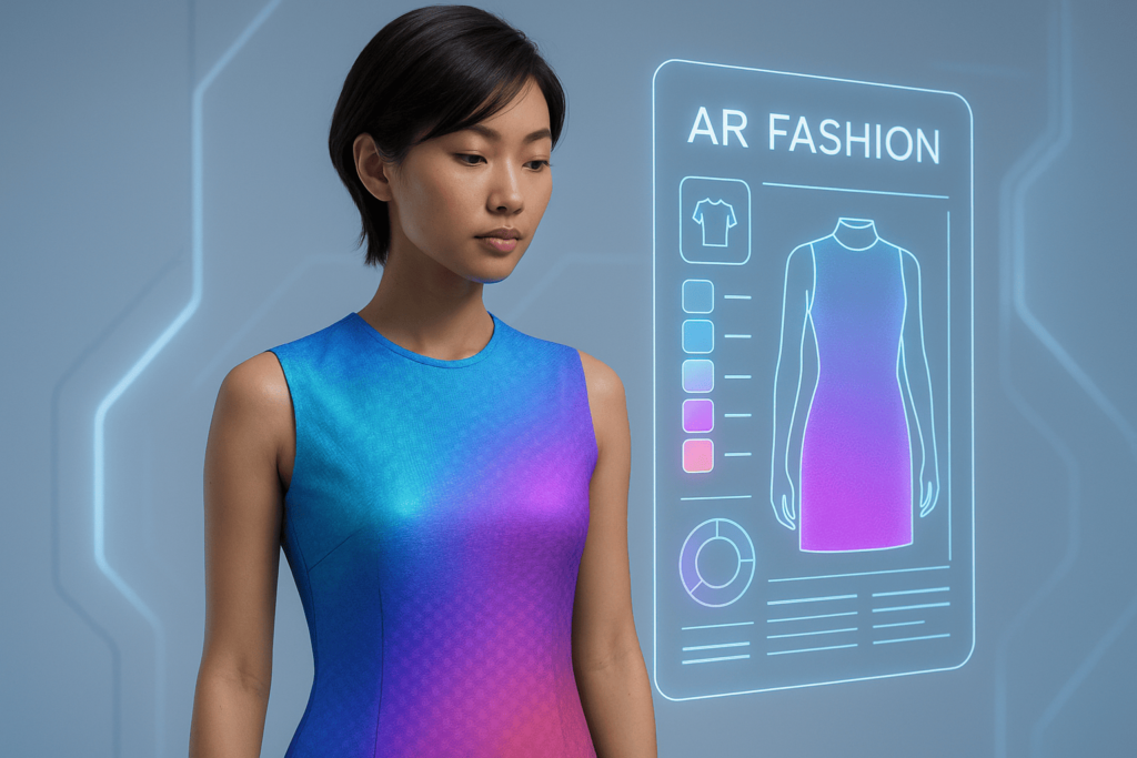 "Futuristic smart clothing with AR try-on interface – fashion and technology trend 2025"

