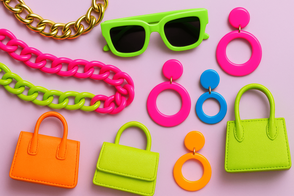 "Bold fashion accessories for 2025 including chunky chains, oversized sunglasses, and neon bags"

