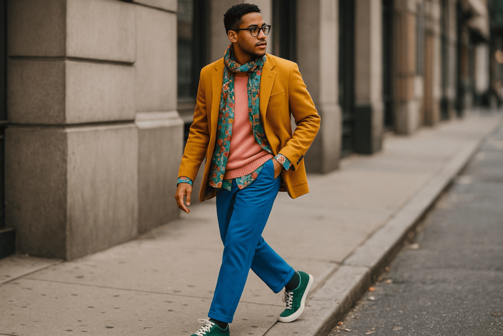 "Men's fashion trend 2025 with colorful, printed shirts and layered casual-formal outfits"

