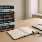 Stack of top 10 business strategy books on a modern office desk for entrepreneurs in 2025