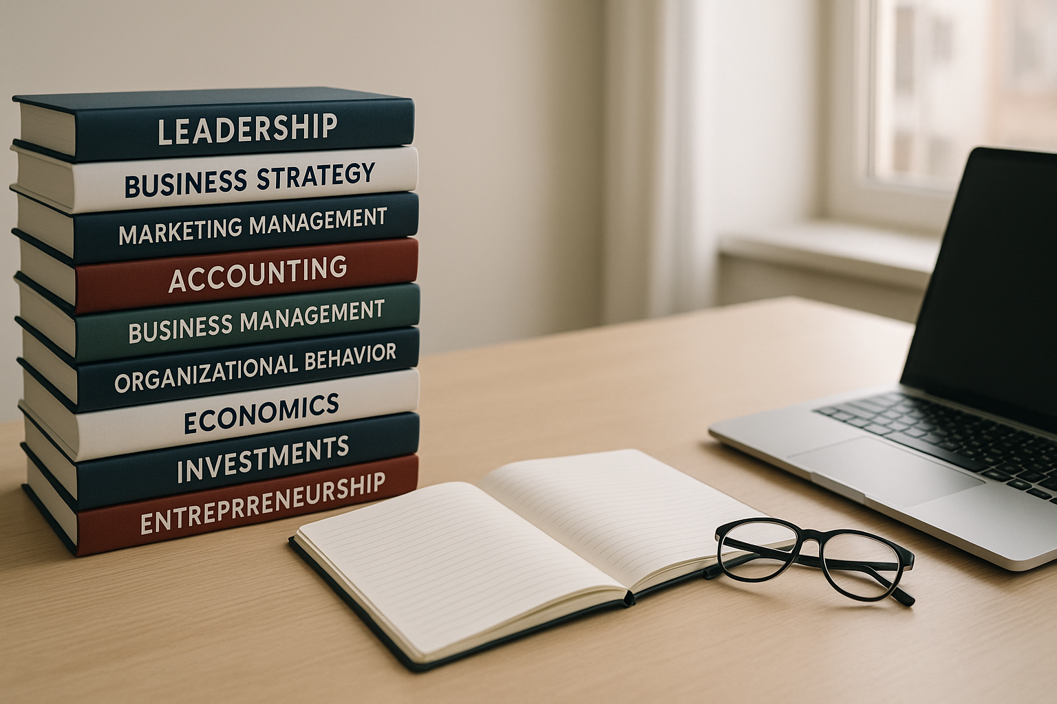Stack of top 10 business strategy books on a modern office desk for entrepreneurs in 2025