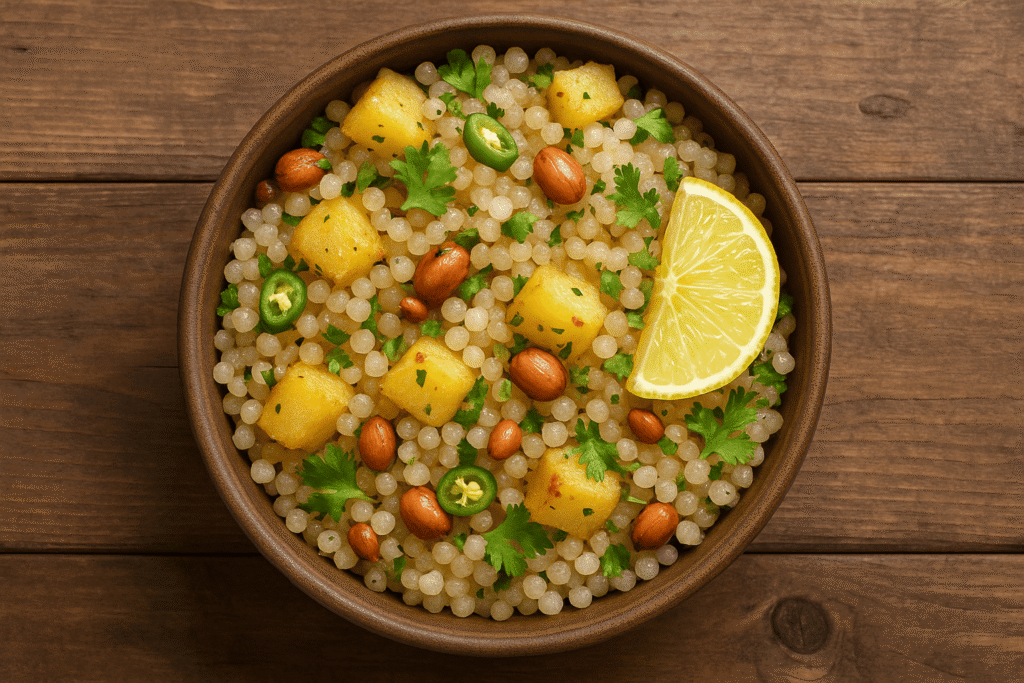 Image of sabudana khichdi served in a bowl with lemon slice and coriander garnish β Indian fasting food.