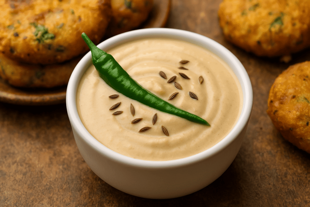 Peanut and curd chutney in a bowl with cumin and lemon β cooling dip for fasting dishes.