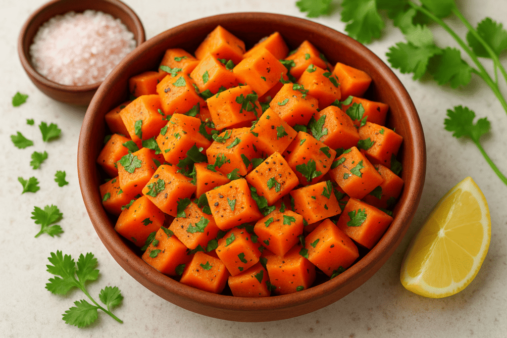 Boiled sweet potato chaat with black pepper, lemon juice, and coriander β healthy farali snack.