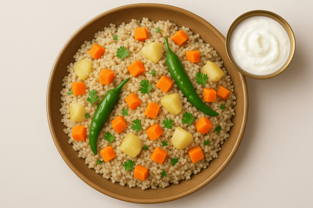 Barnyard millet pulao with potatoes and green chilies served in a brass bowl β vrat special rice dish.