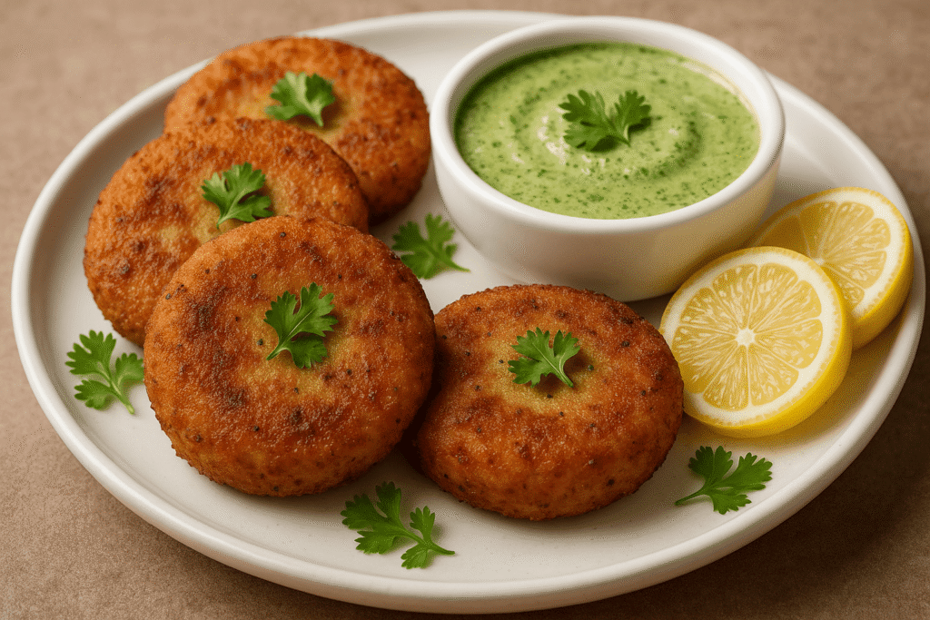 Golden crispy aloo tikkis served with green curd chutney β perfect Indian vrat snack.