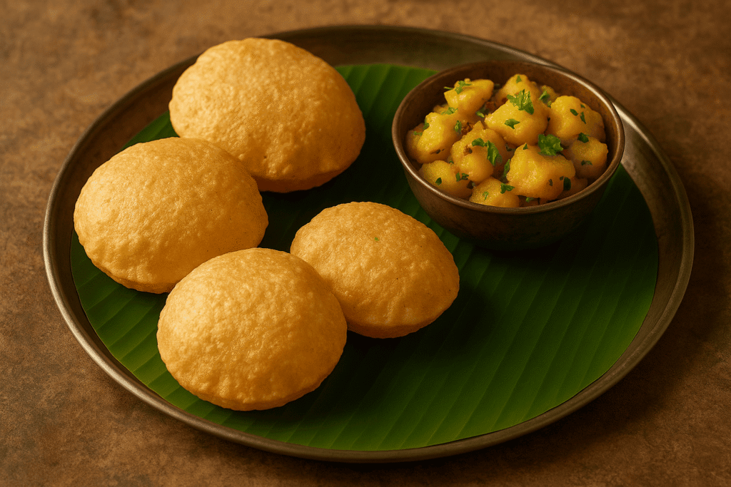 Fluffy rajgira pooris served on banana leaf with aloo sabzi β gluten-free fasting food.