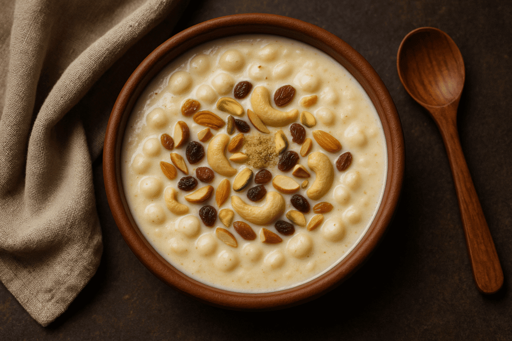 Creamy makhana kheer topped with dry fruits served in a clay bowl β sweet vrat dessert.