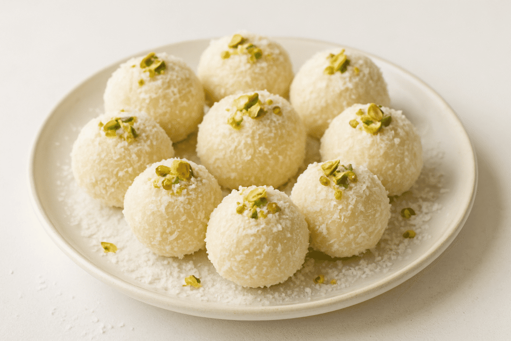 Round white coconut laddoos garnished with pistachios β Indian farali sweet for vrat.