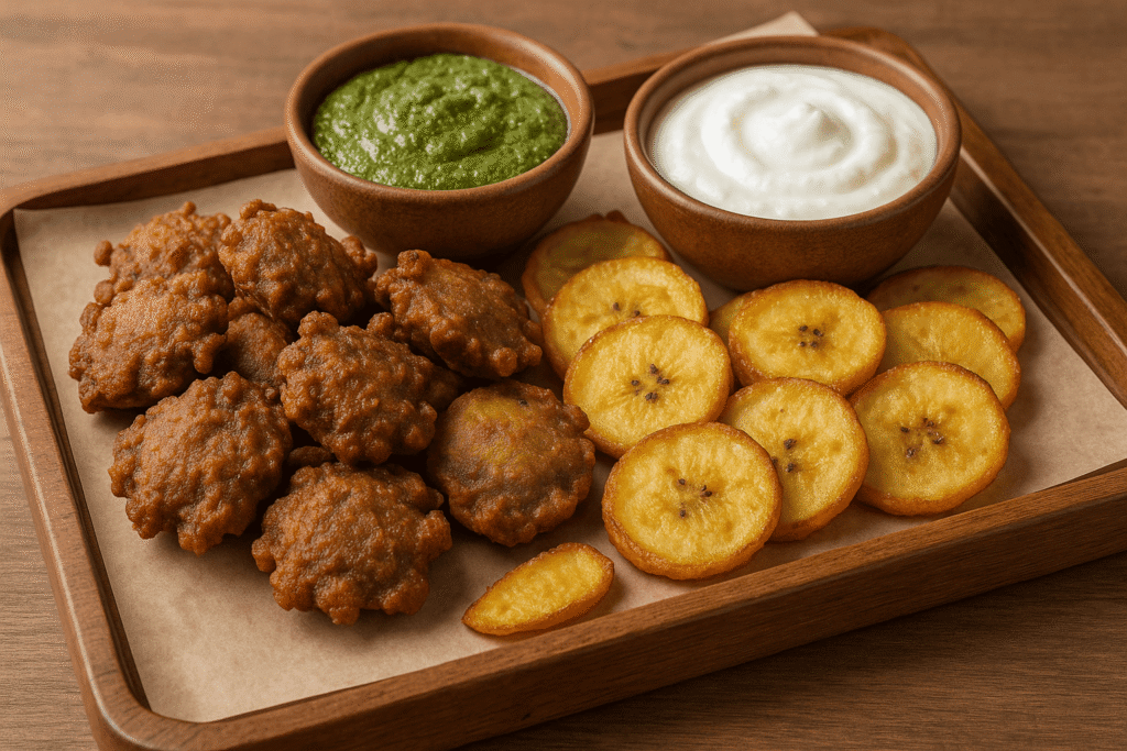Buckwheat fritters (kuttu pakoras) with chutney and curd β crunchy farali snack for fasting.
