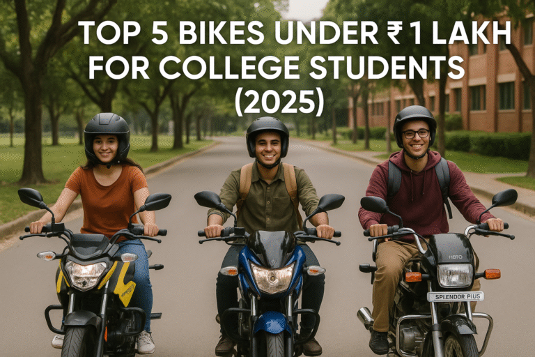 "Three college students riding TVS Raider, Pulsar 125, and Splendor Plus bikes on a university road with trees and classrooms in the background – Top 5 Bikes Under ₹1 Lakh for College Students 2025"