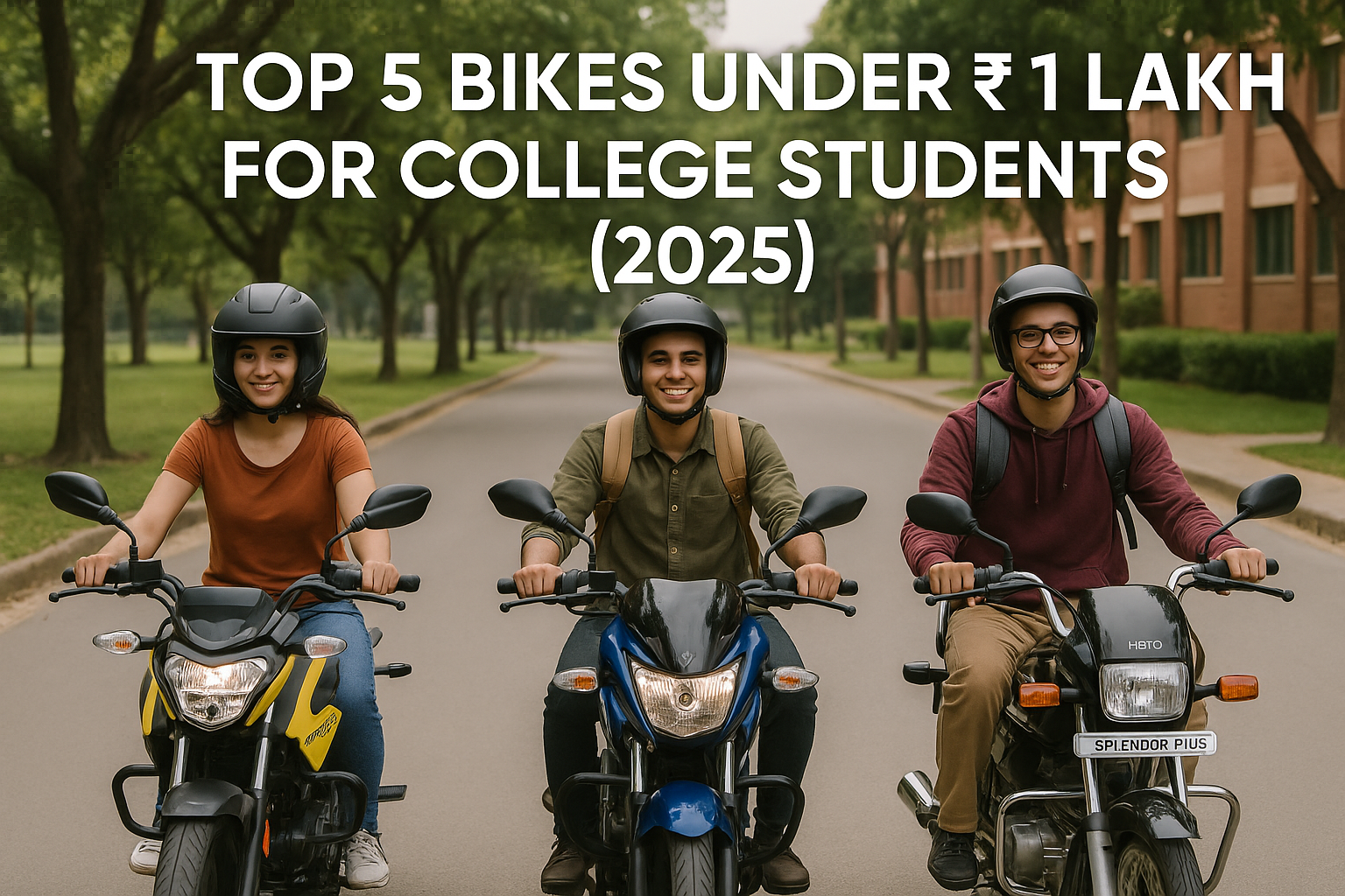 "Three college students riding TVS Raider, Pulsar 125, and Splendor Plus bikes on a university road with trees and classrooms in the background – Top 5 Bikes Under ₹1 Lakh for College Students 2025"