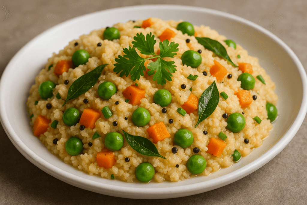 Low calorie Indian upma with vegetables and mustard seeds – a traditional fat burning breakfast loaded with fiber.