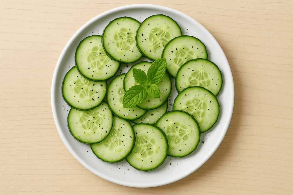 a plate of cucumbers and mint