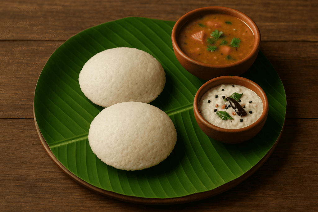 Low calorie South Indian idli with coconut chutney and sambar – a light and healthy Indian recipe for fat loss.