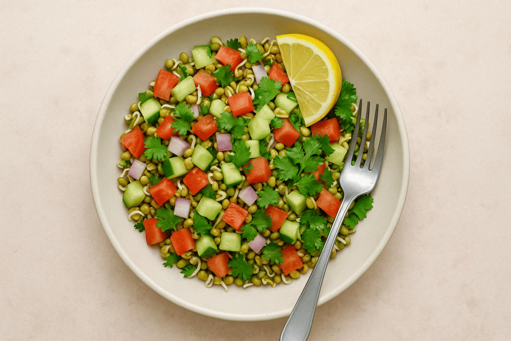 Refreshing Indian sprouts salad with moong beans, tomato, and cucumber – a fiber-rich, fat burning food for weight loss.