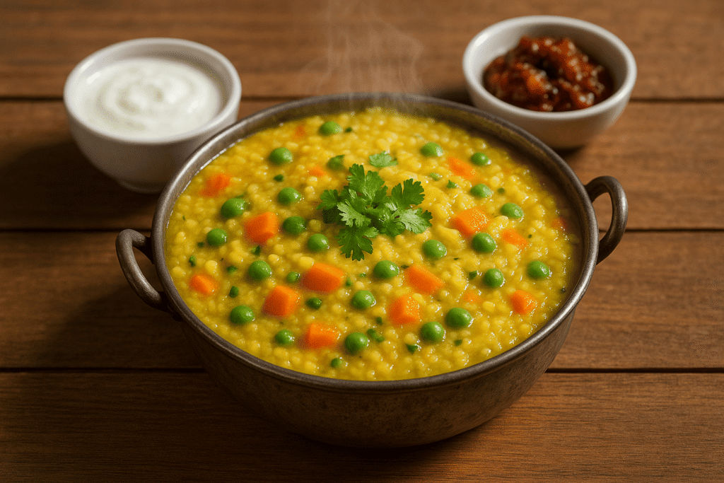 Low calorie Indian moong dal khichdi with vegetables like carrots and peas – a healthy Indian recipe perfect for weight loss diets.