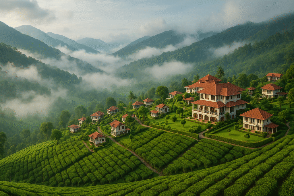 “Foggy morning in Munnar with green tea estates and hill resort in the background”