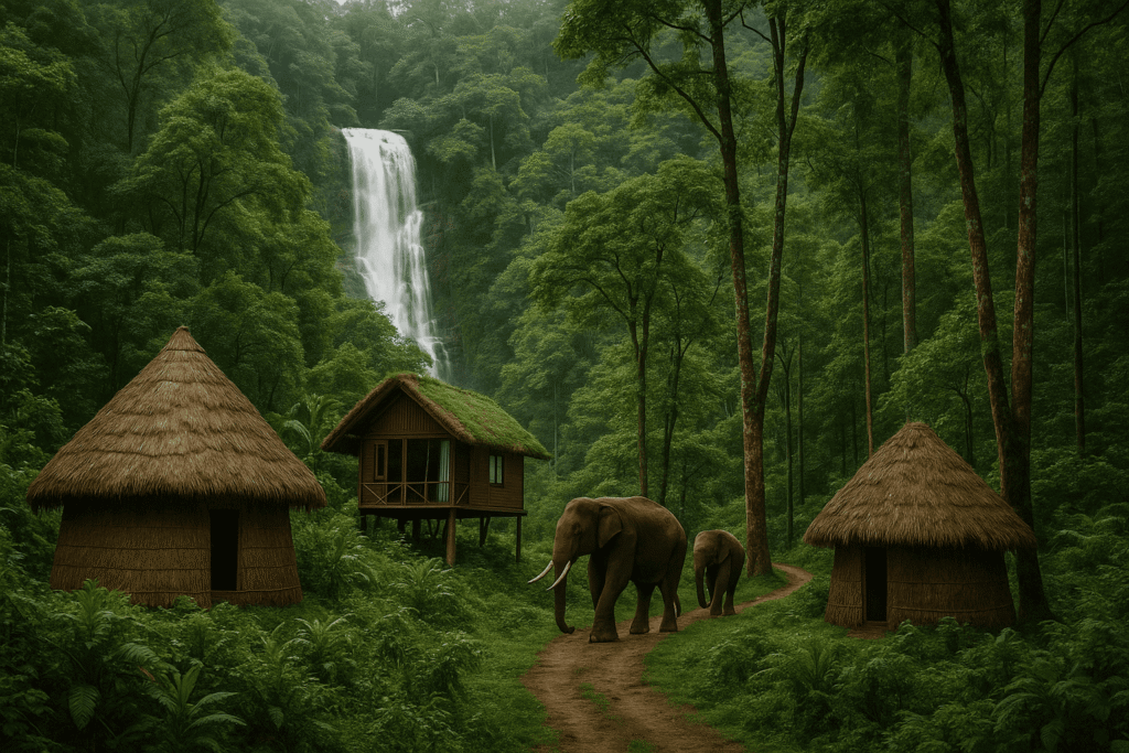 a group of elephants walking down a path in a forest with a waterfall