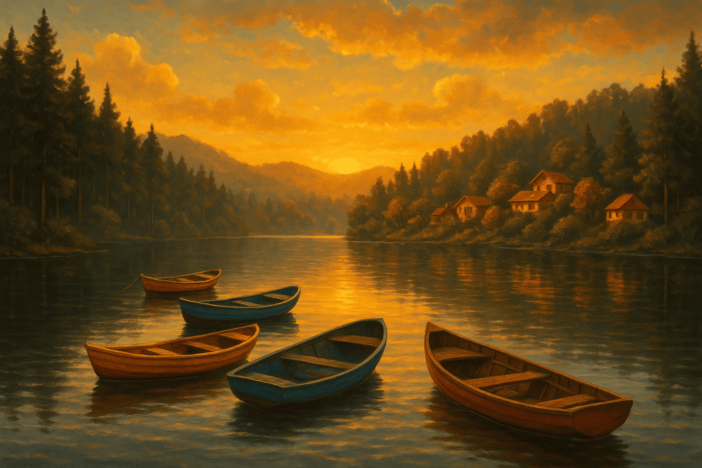 Kodaikanal lake with rowboats, pine trees, and hill cottages under sunset skies