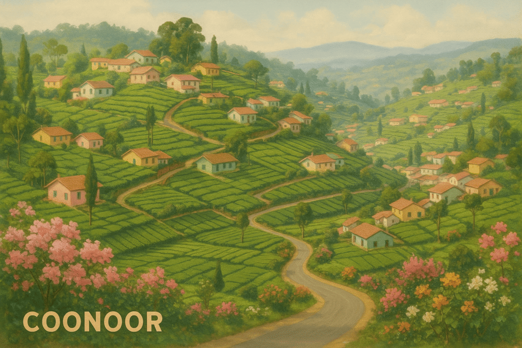 “Coonoor town view with tea gardens and peaceful hill homes under blue sky”
