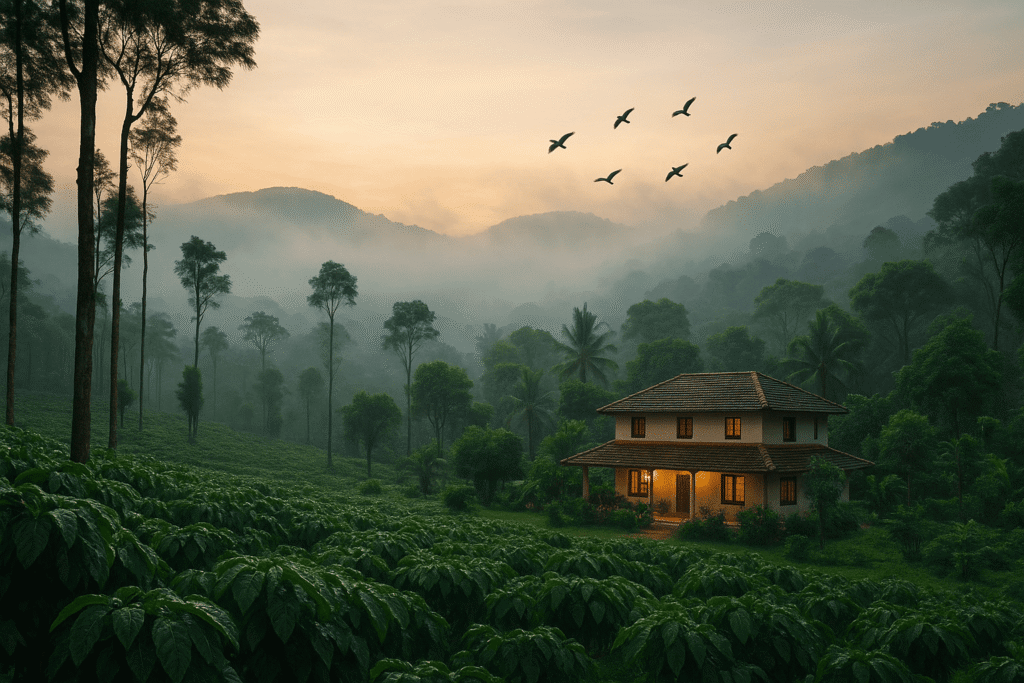 “Chikmagalur coffee estates and green hills in Karnataka under morning mist”