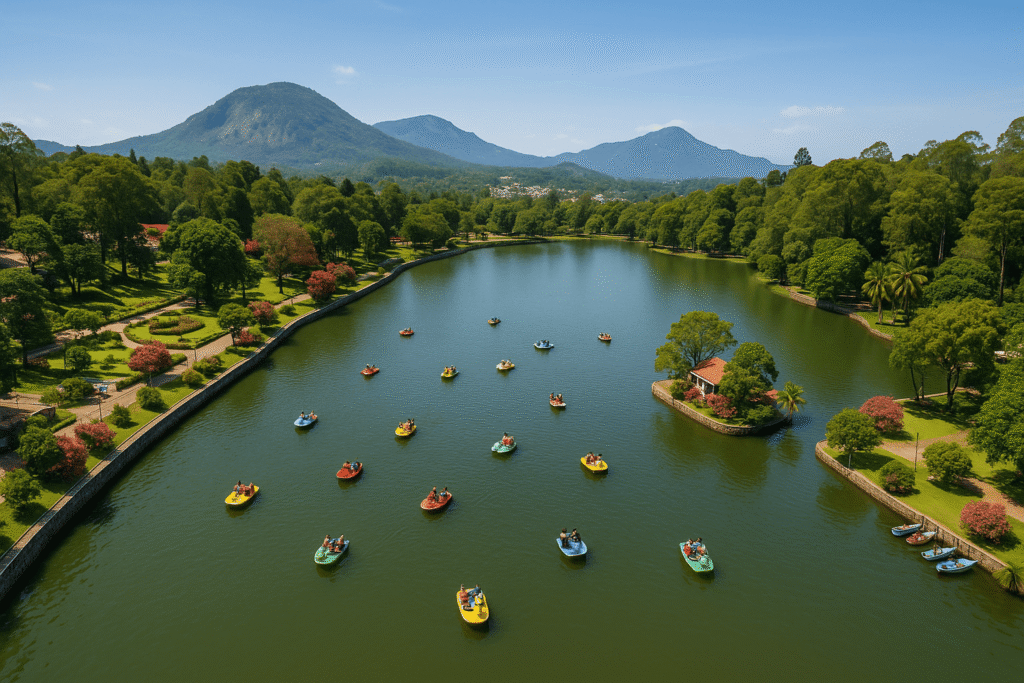 “Yercaud lake with paddle boats and green hills of Tamil Nadu in background”