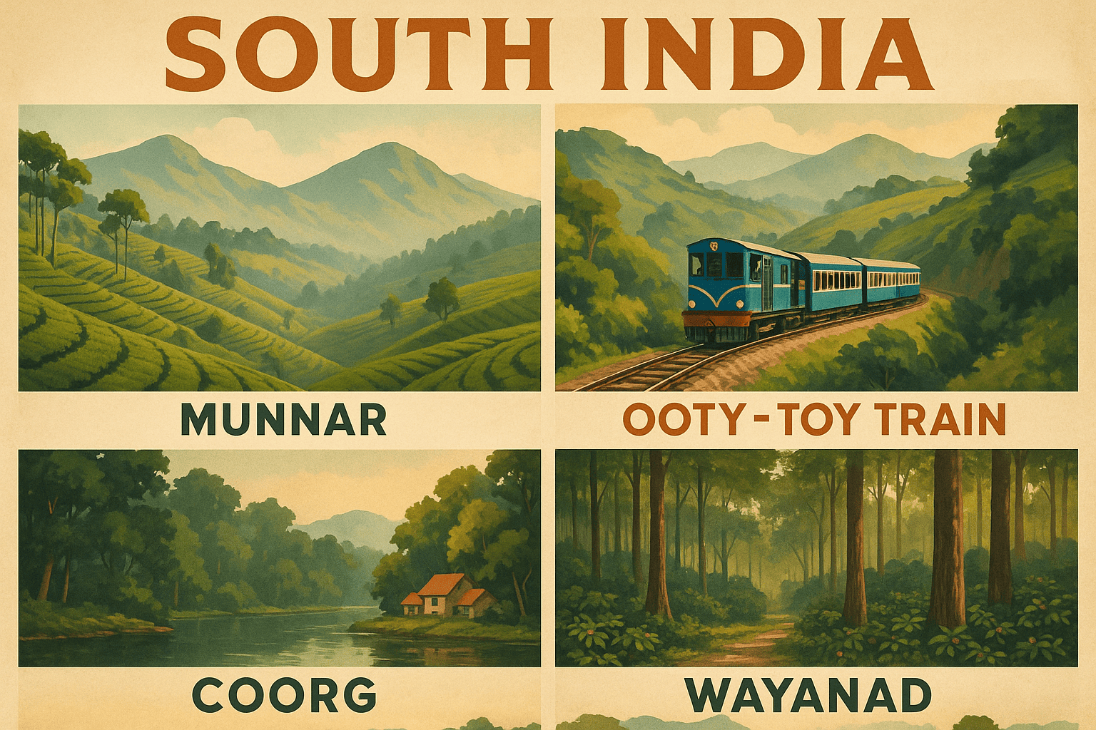 Scenic view of best hill resorts in South India for summer 2025 travel – including Munnar, Ooty, Kodaikanal, Coorg and other top summer hill destinations in India