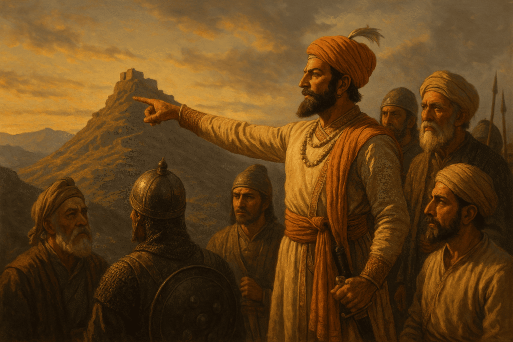 Shivaji Maharaj guiding advisors toward a distant fort, representing his vision of Swarajya and self-rule


