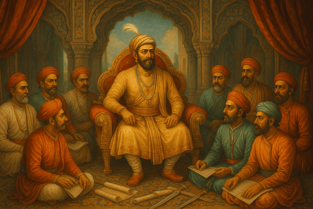 Shivaji Maharaj seated with eight ministers in his royal court, showcasing his leadership through delegation and governance

