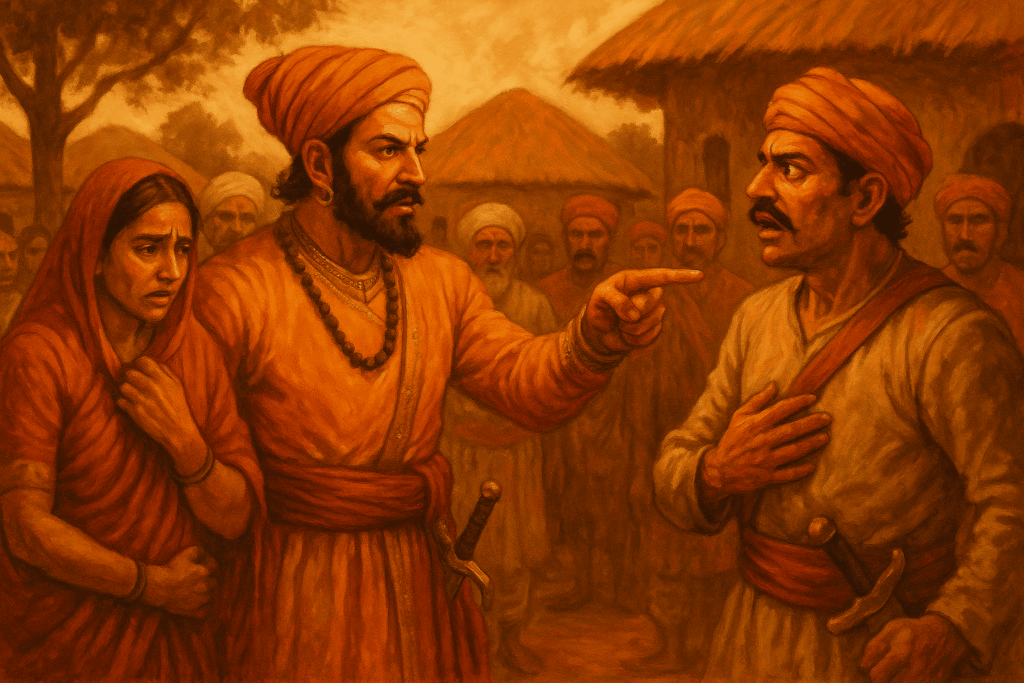 Shivaji Maharaj ensuring justice by protecting a woman from harassment, emphasizing his stand on women’s dignity


