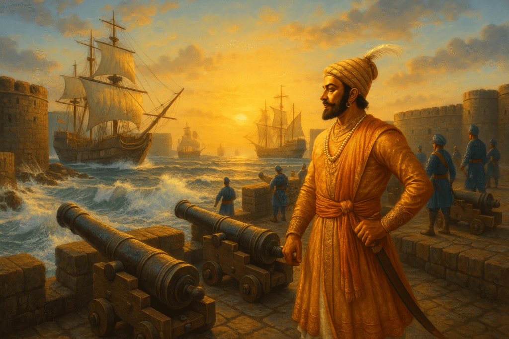 Shivaji Maharaj inspecting ships at a coastal fort, highlighting his maritime strategy and naval innovation

