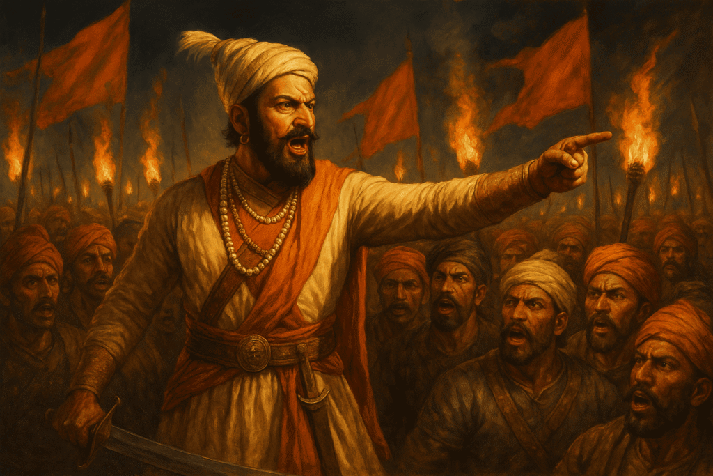 Shivaji Maharaj inspiring and addressing his loyal soldiers before a major battle, showcasing powerful communication skills

