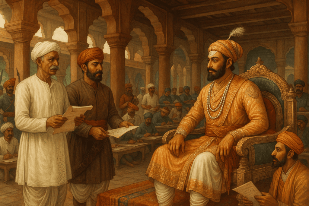 Shivaji Maharaj empowering village heads and commanders in a Maratha durbar, representing decentralized leadership and team empowerment

