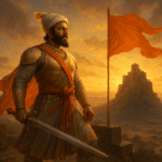 Leadership Lessons from Shivaji Maharaj illustrated through a majestic banner image of Shivaji Maharaj standing on a hilltop fort, symbolizing vision, courage, and empowerment in Indian history.