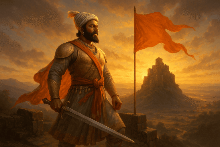 Leadership Lessons from Shivaji Maharaj illustrated through a majestic banner image of Shivaji Maharaj standing on a hilltop fort, symbolizing vision, courage, and empowerment in Indian history.