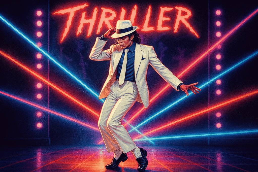 Michael Jackson posing in white suit for Thriller album cover – the best-selling and greatest music album of all time
