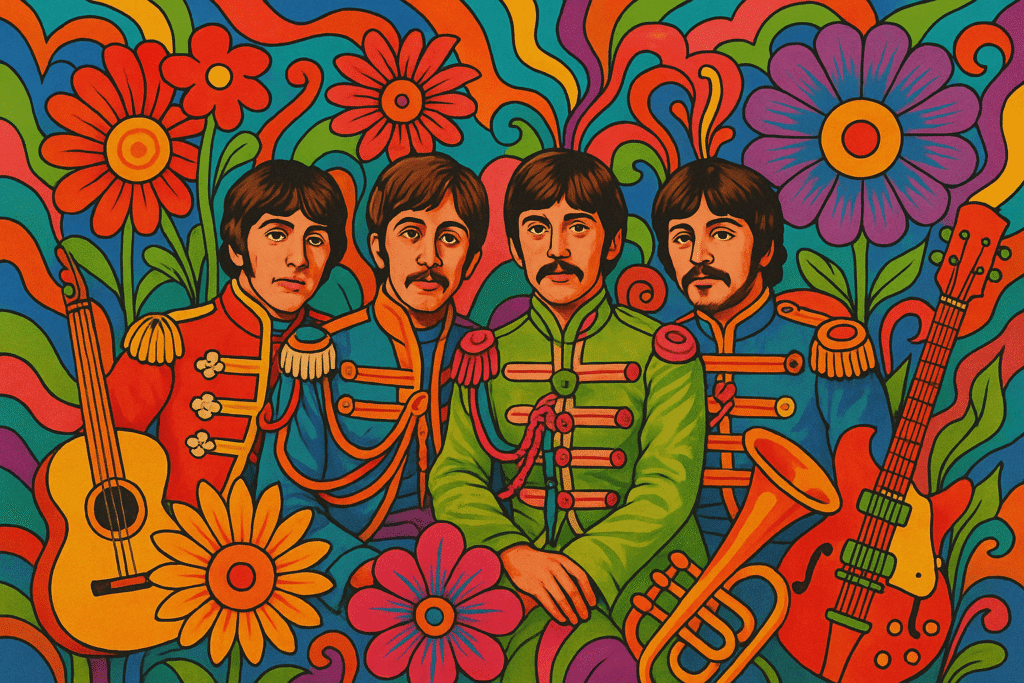 Colorful Beatles posing in vivid uniforms for Sgt. Pepper’s cover – one of the most iconic music albums ever