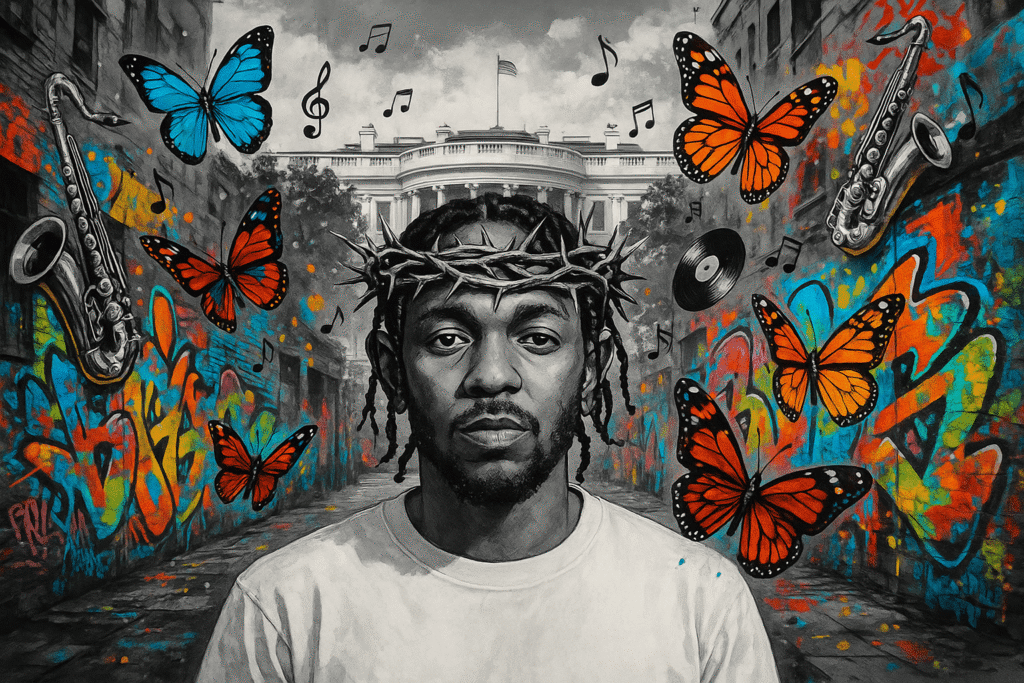 Kendrick Lamar wearing a crown standing in front of the White House, surrounded by butterflies and jazz symbols – black and white urban contrast representing iconic music and political commentary