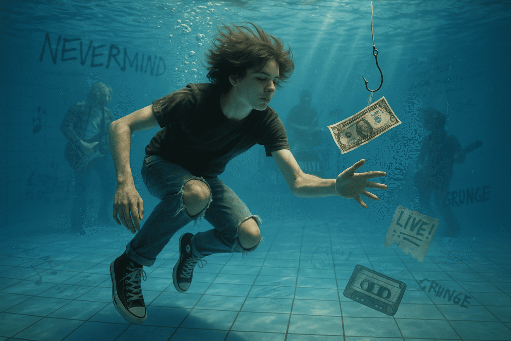 Underwater baby reaching for dollar bill on Nirvana’s Nevermind cover – iconic grunge album in rock history
