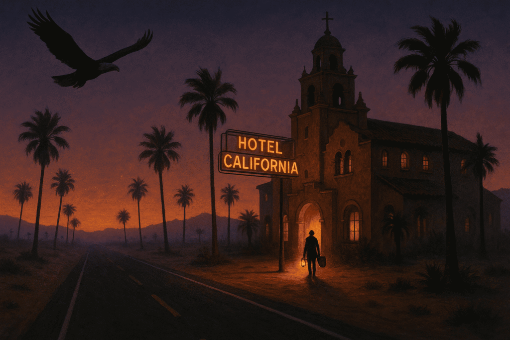 Sunset view of Beverly Hills Hotel from Hotel California album – one of the greatest music albums of all time