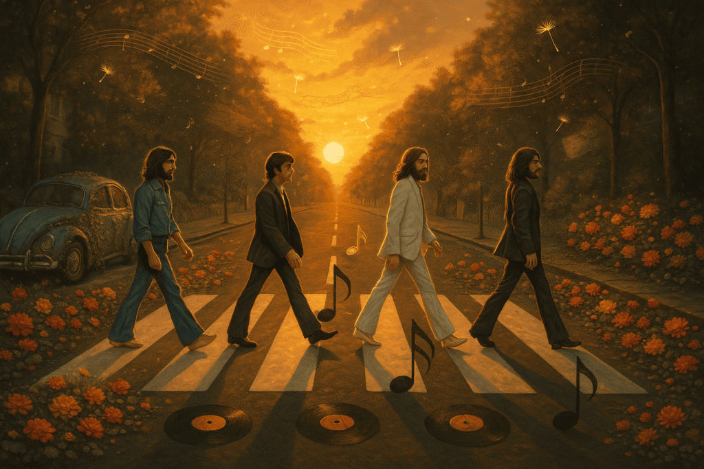 The Beatles walking across zebra crossing for Abbey Road – one of the best albums in music history