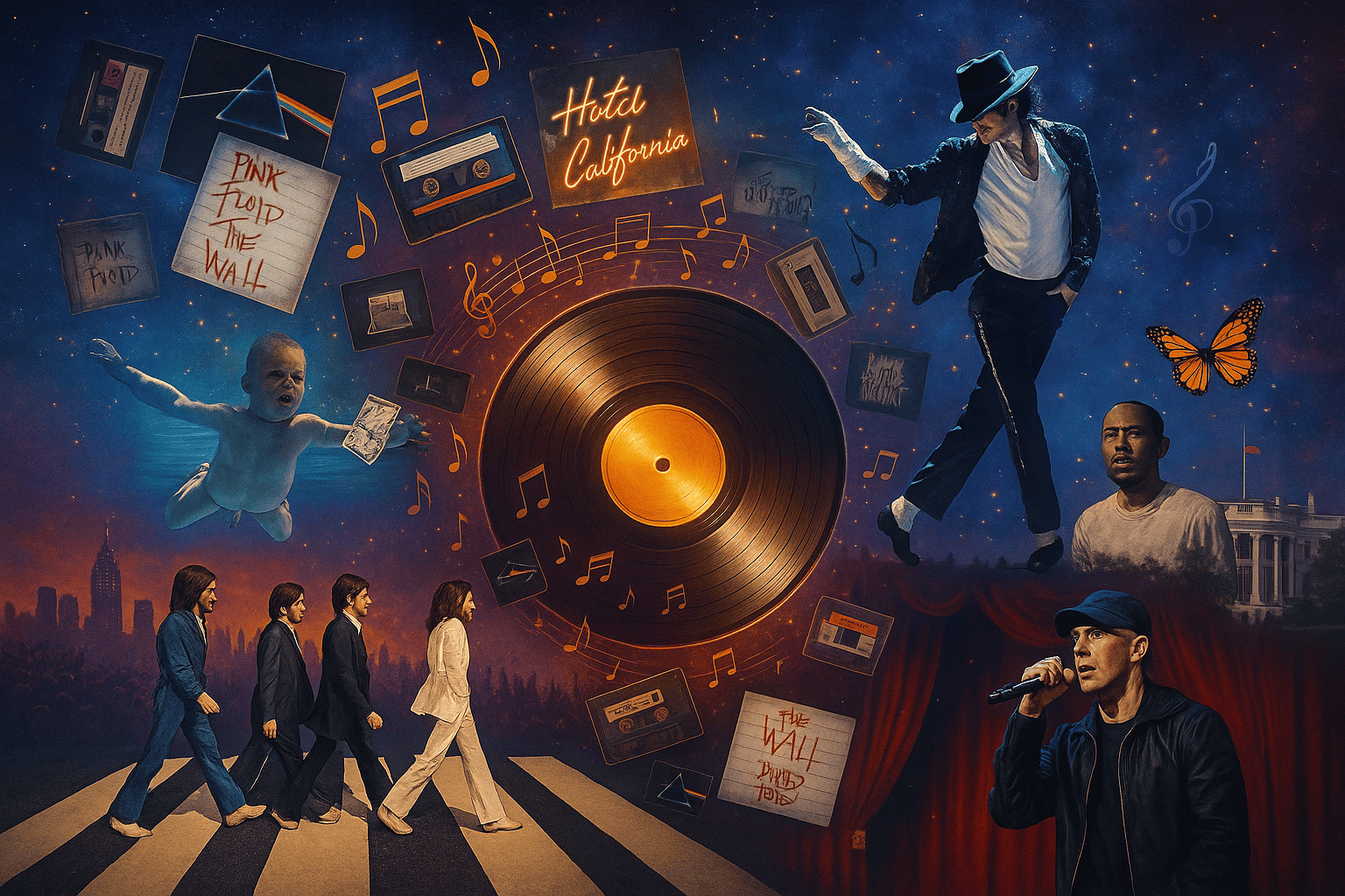 Spotlight on a grand red velvet stage with Eminem holding a mic and broken mask, symbolizing fame and identity conflict — representing the top 10 greatest music albums of all time