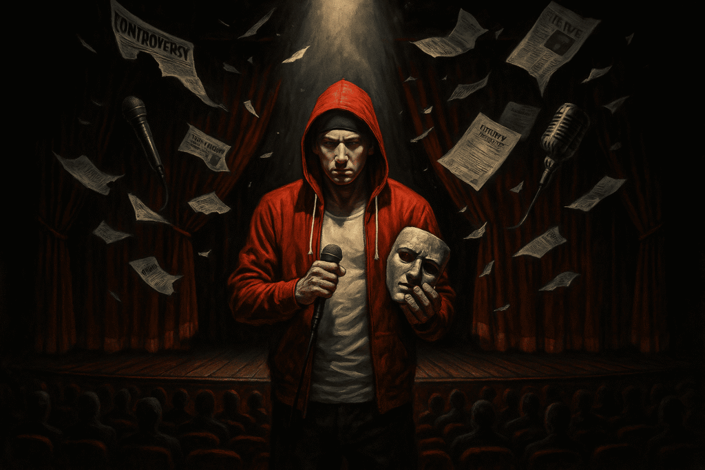 Eminem alone on red velvet stage with broken mask – a raw, controversial, and iconic hip-hop album of the 2000s