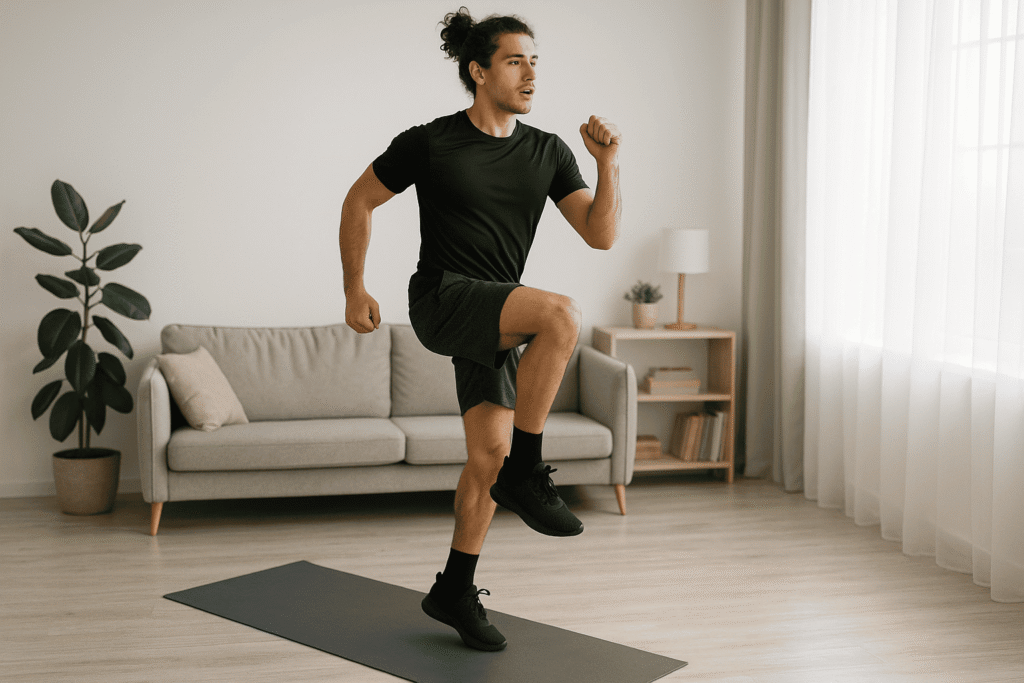 Woman doing high knees cardio workout in living room without equipment"