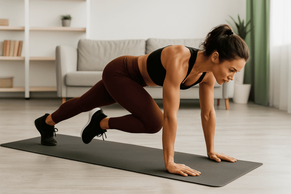 Woman performing mountain climbers on a yoga mat at home