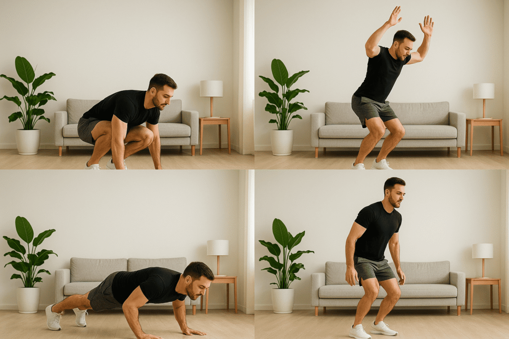 Man mid-burpee during no equipment workout at home
