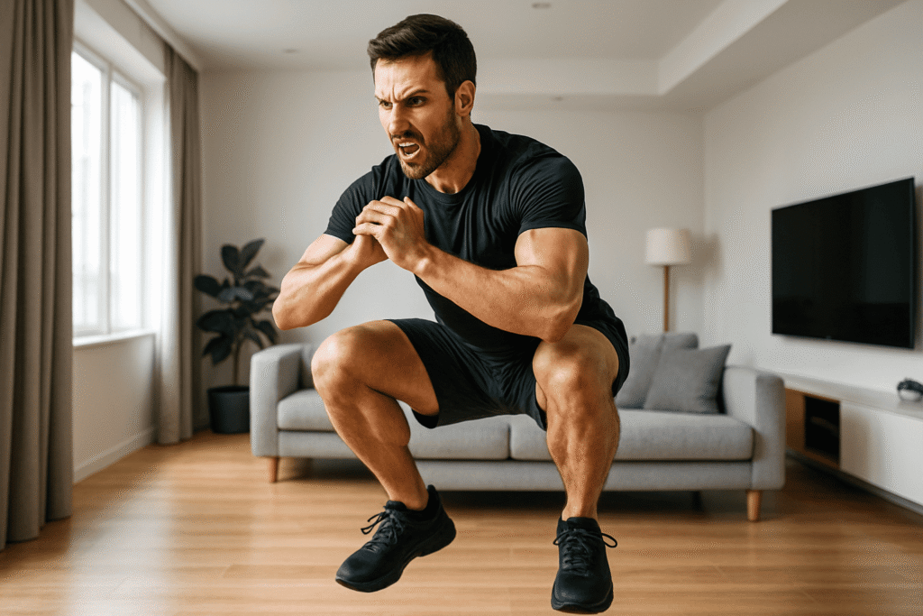 Athlete jumping in the air during squat exercise at home